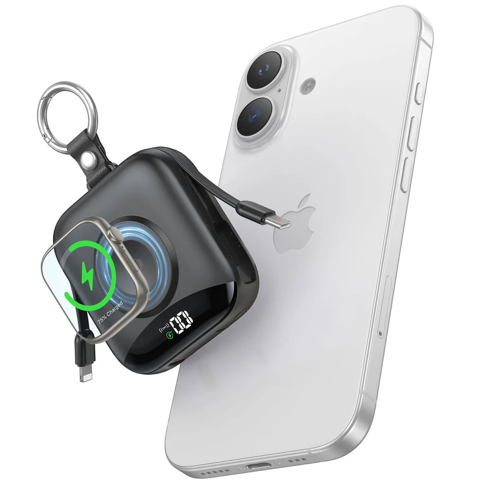 5 Device, Fast Charging Cellphone and Smart Watch Charger, 10000mAh Power Bank Built-In USB-C Lightning Cables Apple Watch Fast Charger