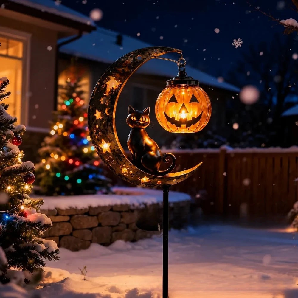 Solar Black Cat Pumpkin Stake Light