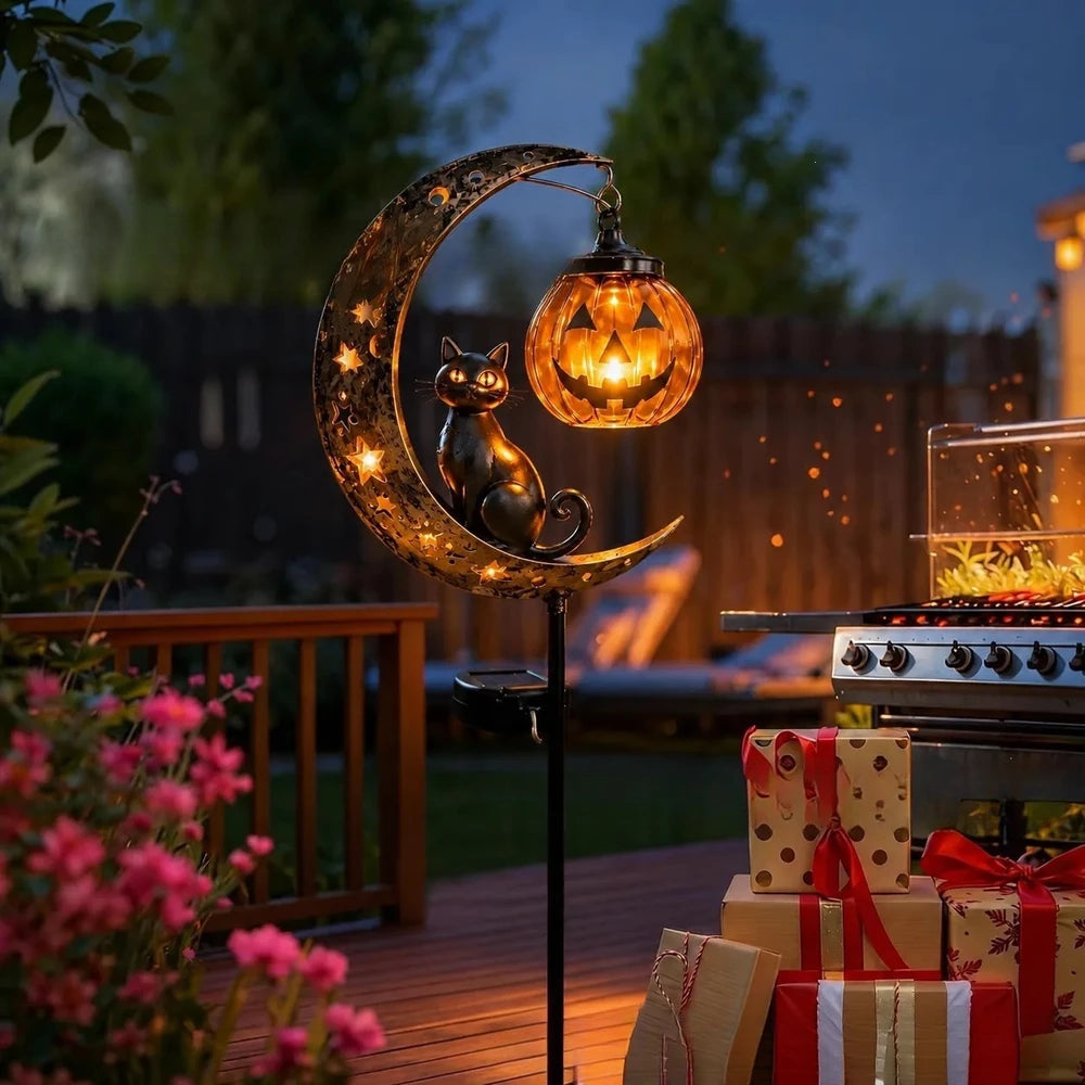 Solar Black Cat Pumpkin Stake Light